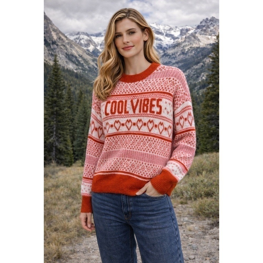 Aerie Cool Vibes Fair‎ Isle Sweater Orange Heart Knit Crewneck XS